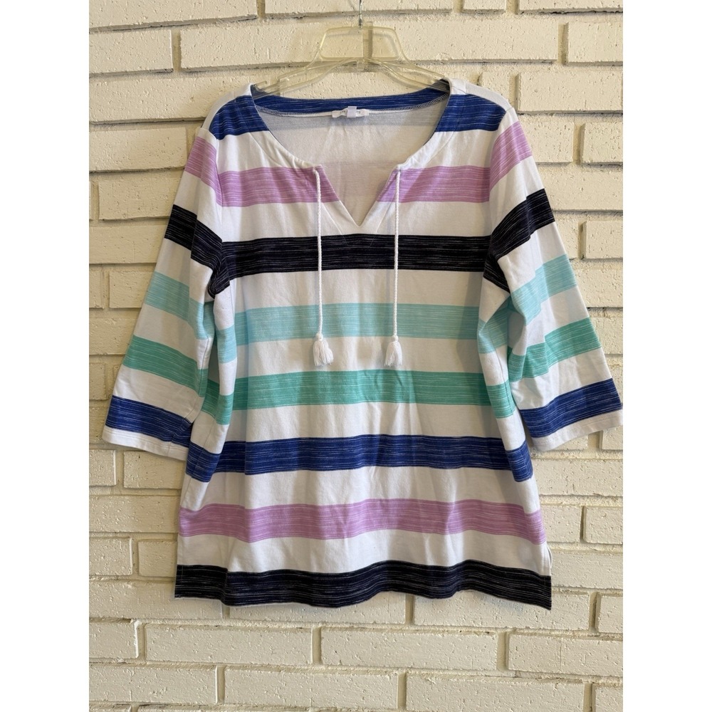 T by Talbots Sz‎ 1X Women's Striped  Pullover Top Multicolor Nautical V-neck